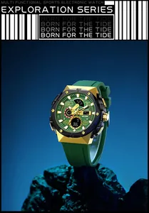 Professional detail shot of SMAEL green sports watch with gold alloy case on rock