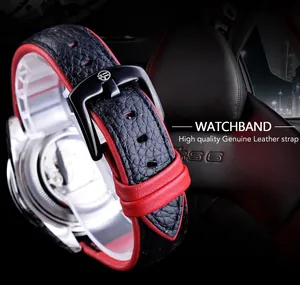 Close-up of black and red genuine leather strap on an automatic mechanical watch