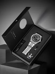 TOMI Luxus Business Quarzuhr Set in hochwertiger schwarzer Geschenkbox