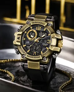 Macro detail of SMAEL tactical sports watch featuring bronze finish and dual display
