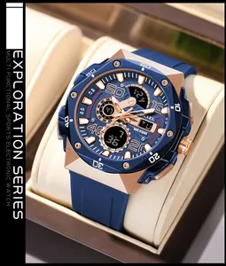 Close-up of blue and gold SMAEL sports watch with multi-functional digital dial