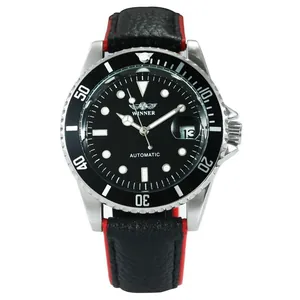 Close-up of Winner men's automatic mechanical watch with black dial and leather strap