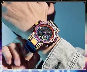 Close-up of SMAEL men's sports watch with rainbow metal finish and blue silicone strap
