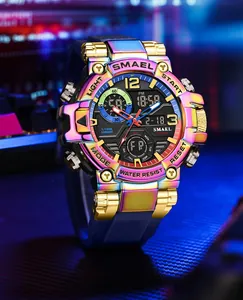 Detailed macro view of SMAEL rainbow sport watch with dual digital and analog display
