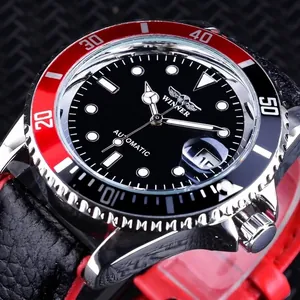 WINNER Men Automatic Mechanical Watch Fashion Casual Waterproof Luminous Calendar Leather Strap Nautical Series Sport Watch
