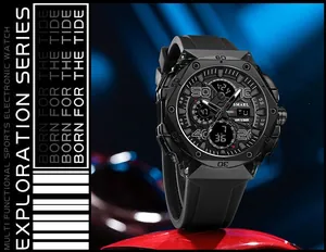Close-up of SMAEL black sports watch with multifunctional dual display and 5BAR water resistance.