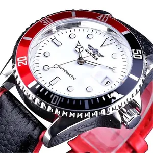Winner men's fashion automatic mechanical watch with red black diver bezel and white dial