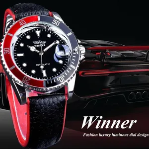 Winner men's luxury automatic mechanical watch with red black bezel and luminous dial