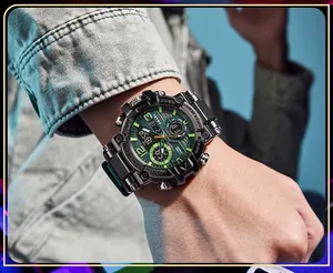 Close-up of SMAEL men's sports watch with green accents on a wrist