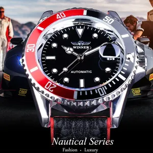 Winner automatic mechanical watch for men, Nautical Series diving style with red bezel