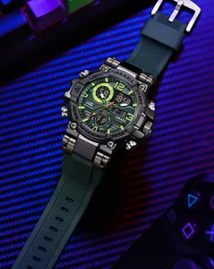 Detail view of SMAEL men's sport watch with luminous green face and digital display.