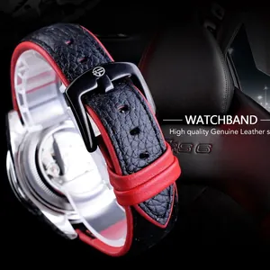 Winner men's automatic mechanical watch with high-quality red and black leather strap.