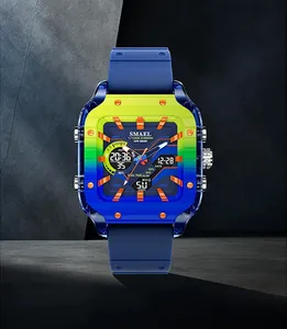 Close-up of SMAEL men's square sports watch featuring vibrant gradient bezel and dual display
