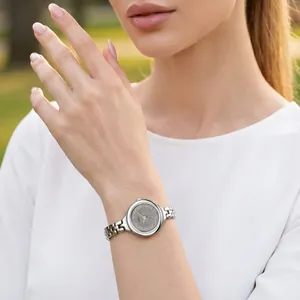 Minimalist GEDI ladies silver quartz watch with link bracelet elegantly worn on a wrist