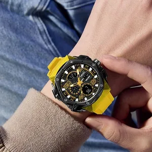 SMAEL yellow silicone sports watch for men featuring alloy case and multifunctional dial