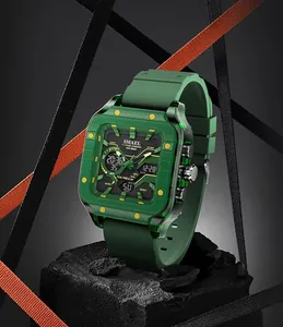 SMAEL men's square sports watch with green silicone strap and dual display dial.
