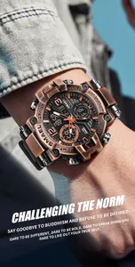 Macro view of SMAEL bronze men's sports watch on wrist with rugged tactical design