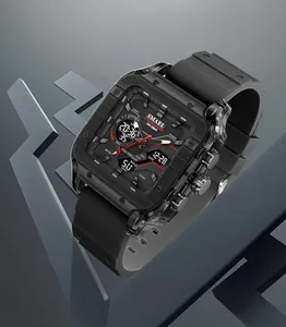 Close-up of SMAEL men's square dual-display sports watch in black with rubber strap