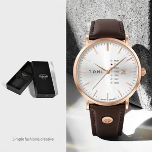 Herren Mode Quarzuhr Kreativ Minimalistisch Business Stil Lederarmband Datum Woche Anzeige Legierung Gehäuse Armbanduhr Geschenkbox