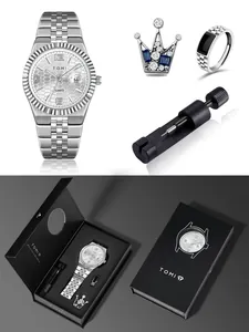 TOMI Herren-Business-Uhr Geschenkset in Silber mit Ring, Kronenbrosche und Werkzeug.