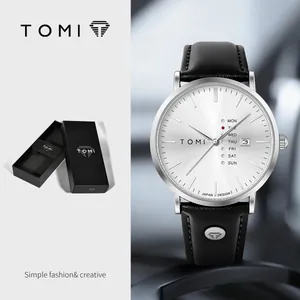 TOMI minimalistische Quarzuhr für Herren mit schwarzem Lederarmband und Zifferblatt