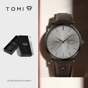 TOMI minimalistische Quarzuhr mit braunem Lederarmband und Sonnenschliff-Zifferblatt