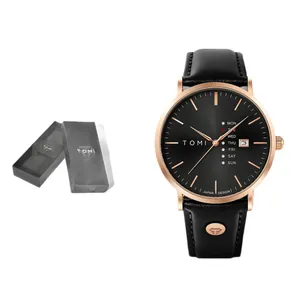 Elegante TOMI minimalistische Herren Quarzuhr mit schwarzem Zifferblatt und Roségold
