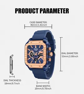Detailed dimension guide for SMAEL square men's blue sports watch with size specs