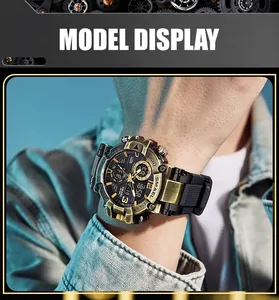 Detailed view of a rugged SMAEL men's sports watch in gold and black on a wrist