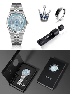 TOMI Herren-Quarzuhr-Set aus Edelstahl in Silber mit Kronenbrosche und Ring in Geschenkbox