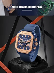 Detailed view of SMAEL men's square sports watch featuring a blue strap and gold bezel