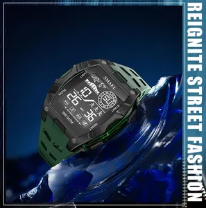 Close-up detail of SMAEL digital sports watch with 5ATM waterproof rating and LED screen