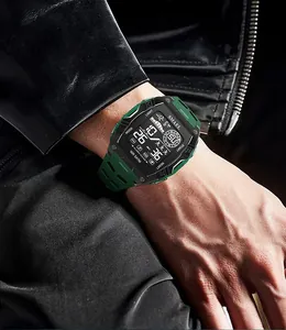 Close-up of SMAEL digital sports watch with green strap worn with black leather jacket