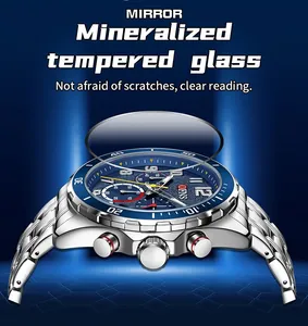 Makro-Detail einer Herren-Quarzuhr mit mineralisiertem, gehärtetem Glas-Objektiv