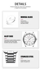 Detail view of CURREN watch featuring mineral glass, alloy case, and stainless steel strap.