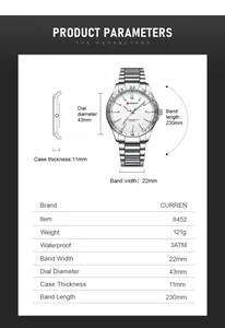 Technical specifications for CURREN 8452 men's watch showing 43mm dial and 230mm band length.