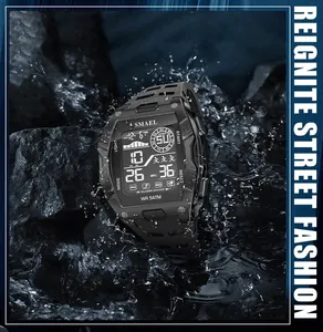 Close-up of black SMAEL digital sports watch splashing in water with 5ATM rating