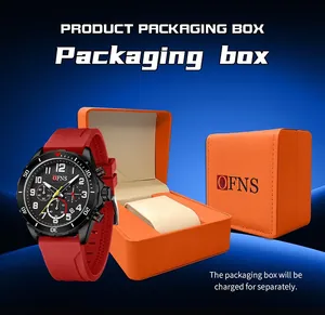Nahaufnahme der OFNS Herrenuhr mit rotem Silikonarmband und orangefarbener Geschenkbox