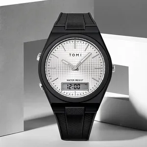 TOMI men's sports digital watch featuring a black silicone strap and grid dial