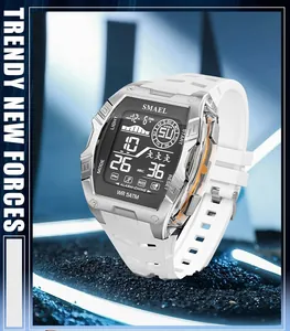 Close-up detail of SMAEL sports digital watch with white strap and silver case finish
