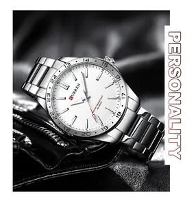 Close-up detail of CURREN men's business quartz watch with silver stainless steel band