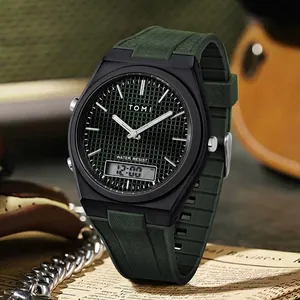 TOMI men's sports watch featuring a green textured dial and dual analog-digital display