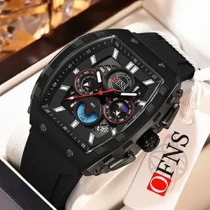 OFNS Herren Chronograph Quarzuhr mit Multizifferblatt-Design und schwarzem Silikonarmband
