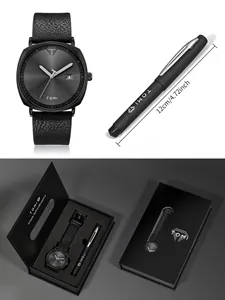 Detailansicht des schwarzen TOMI Quarzuhren- und Stift-Geschenksets in eleganter Verpackung