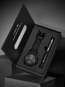Elegantes TOMI Minimalist Quarzuhren- und Stift-Geschenkset in einer schwarzen Luxusbox.