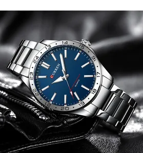Detail view of CURREN business quartz watch with blue dial and steel strap
