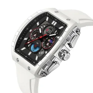 Luxuriöse Herren-Quarzuhr in Tonneau-Form mit weißem Silikonarmband und Multi-Zifferblatt