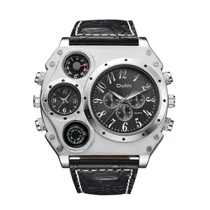 Oulm men's dual time zone military quartz watch with black leather strap and compass