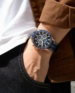 Detailed view of MEGIR men's quartz chronograph watch with blue honeycomb dial.