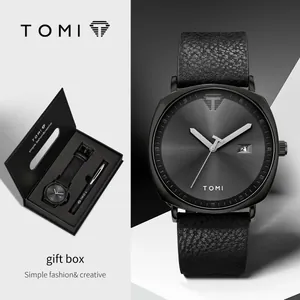 TOMI minimalistisches schwarzes Quarzuhren- und Stiftset für Herren und Damen Box